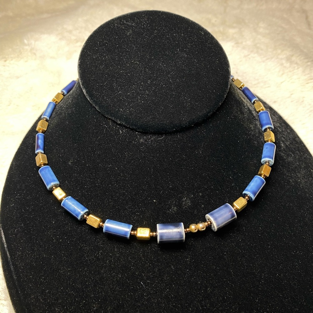 Japanese Vintage Blue & Gold Collar Necklace EUC